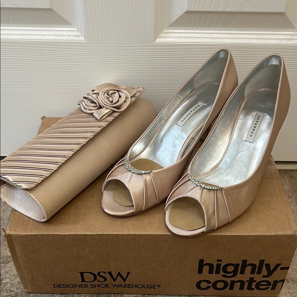Caparros Champagne Peep Toe Heels with Clutch